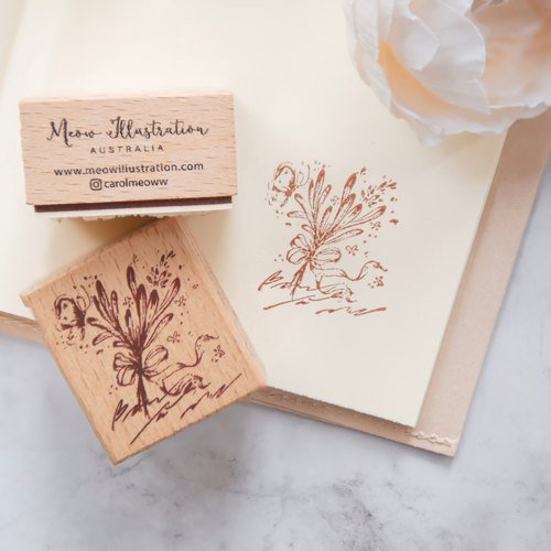 Meow Illustration Butterfly Bouquet Rubber Stamp