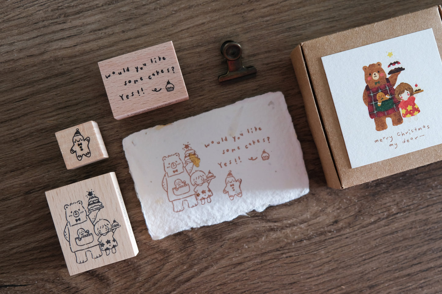 EileenTai.85 Sweet Christmas Rubber Stamp | Bear & Girl Serving Cakes